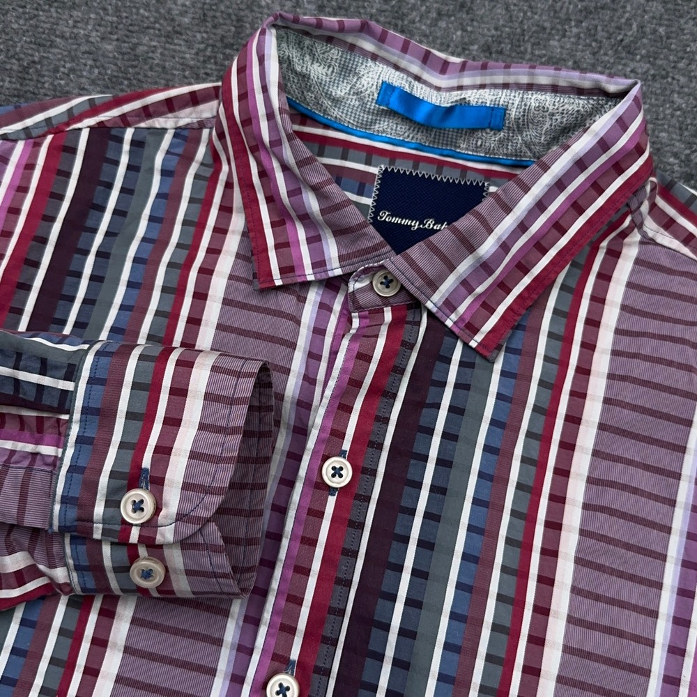 Tommy Bahama Silva Stripe Shirt Men's Large Purple 100% Pima Cotton Colorful
